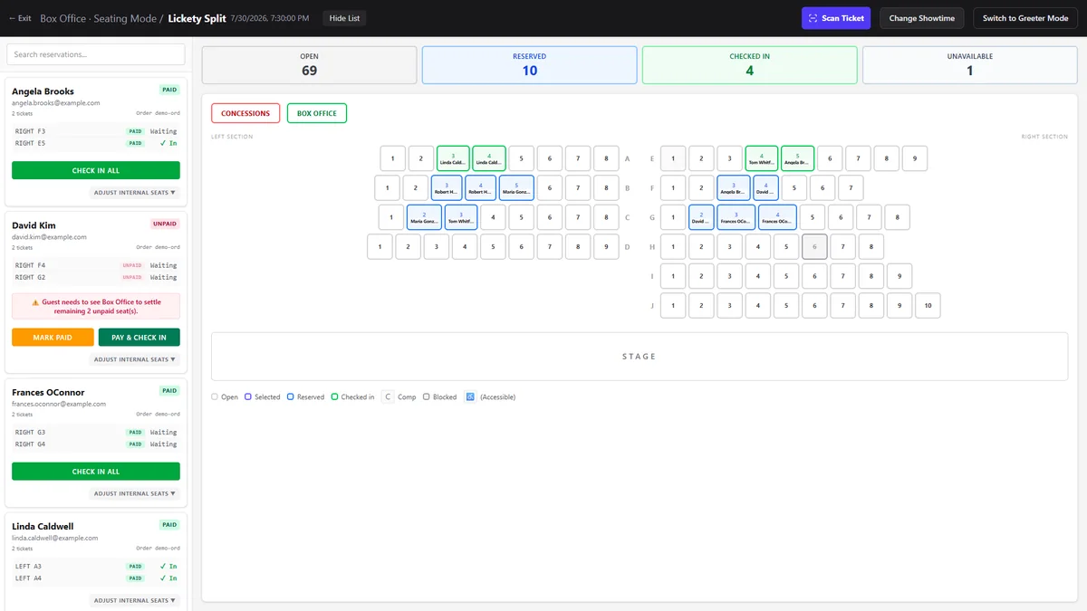 Box office seating mode: reservation list with check-in buttons beside a live seat map color-coded by open, reserved, and checked-in seats