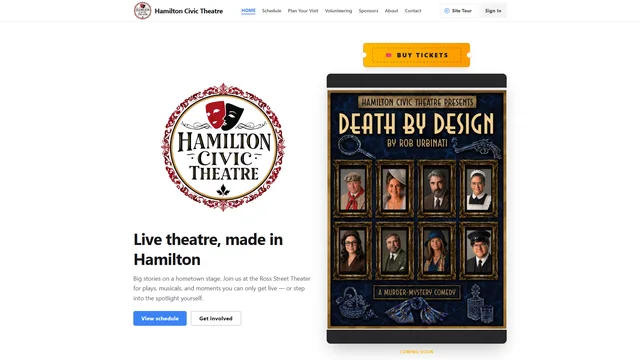 Hamilton Civic Theatre homepage with a Buy Tickets button and the current show poster