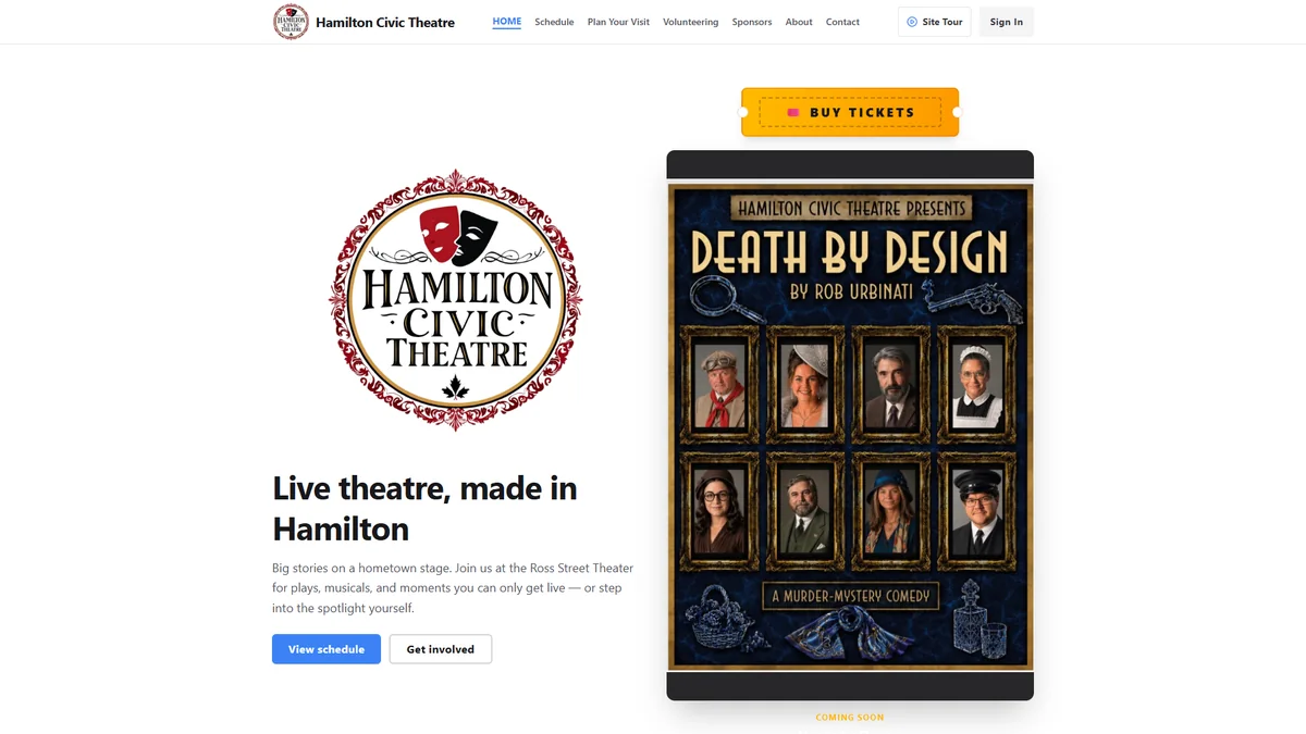 Hamilton Civic Theatre homepage with a Buy Tickets button and the current show poster